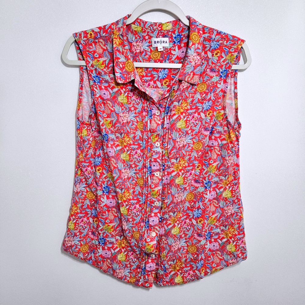Brora Button Up Blouse Pintuck Sleeveless Beach Chic Quiet Luxury Floral 16 XL